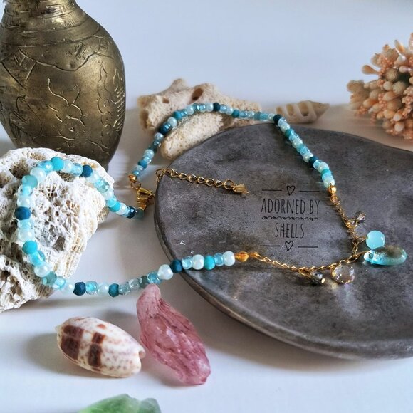 Beaded Chain Necklace Aqua Blue Crystals & Charms, Stainless Steel Heart Jewelry - Picture 9 of 9